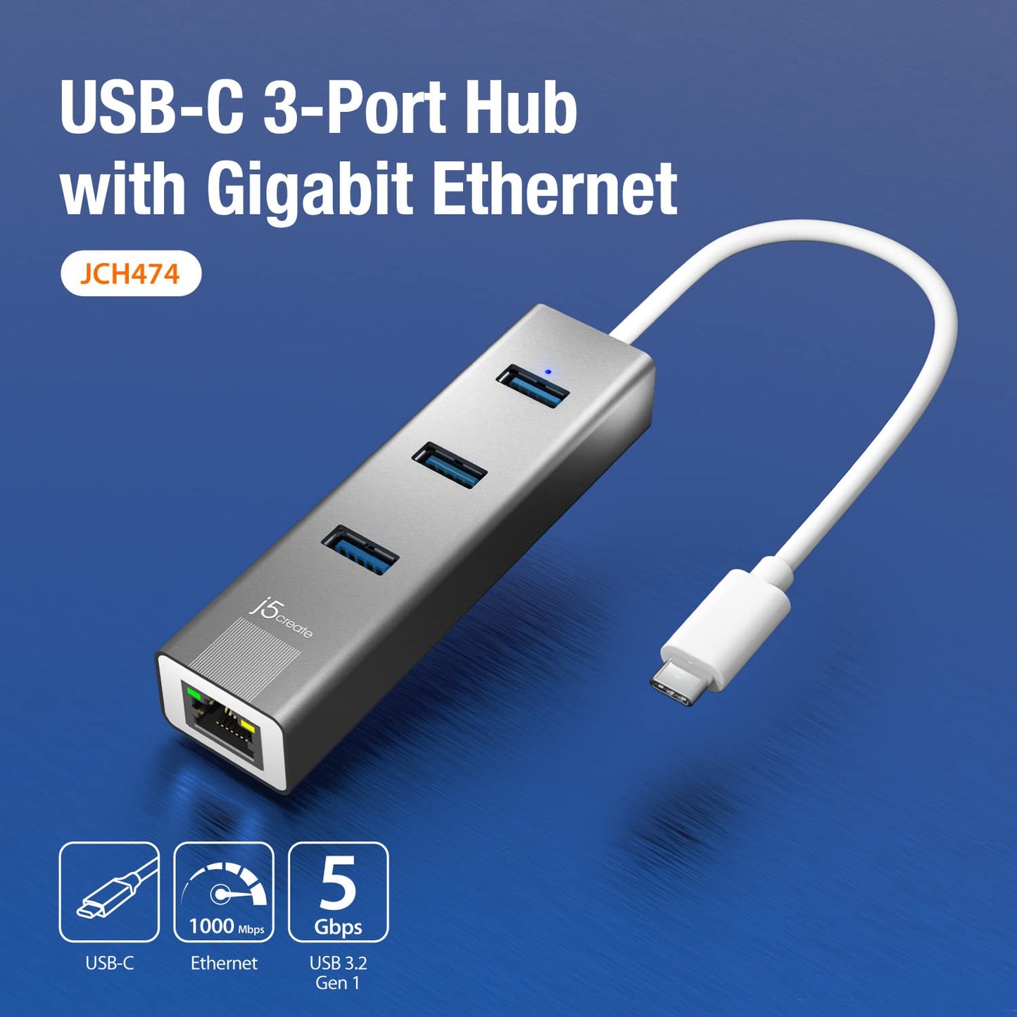j5create USB-C 3-Port HUB +Gigabit Ethernet Multi Adapter