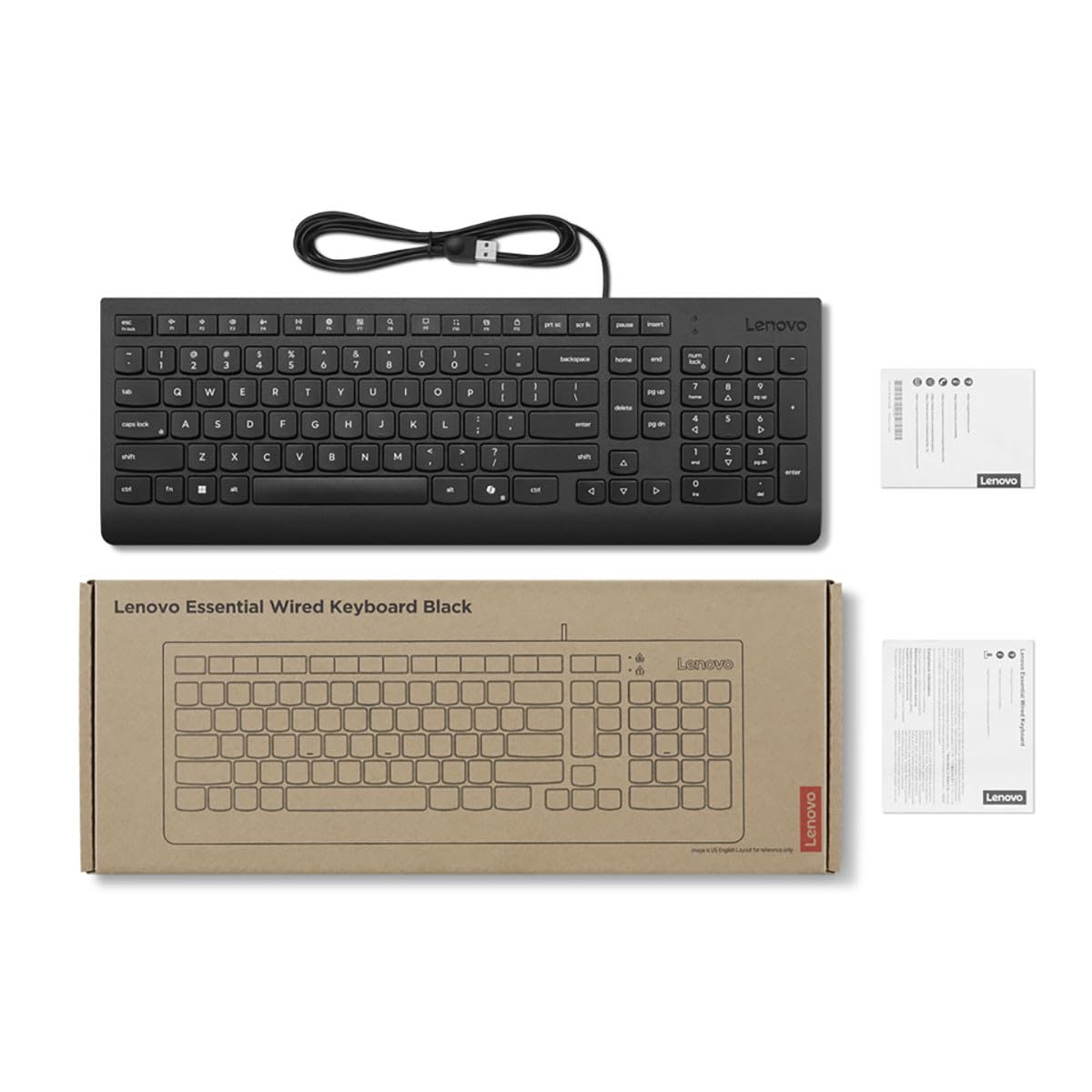 Lenovo Essential Wired Keyboard Black US English - Cable Connectivity - USB Type A Interface - Copilot Hot Key(s) - Windows 10, Windows 11 - English