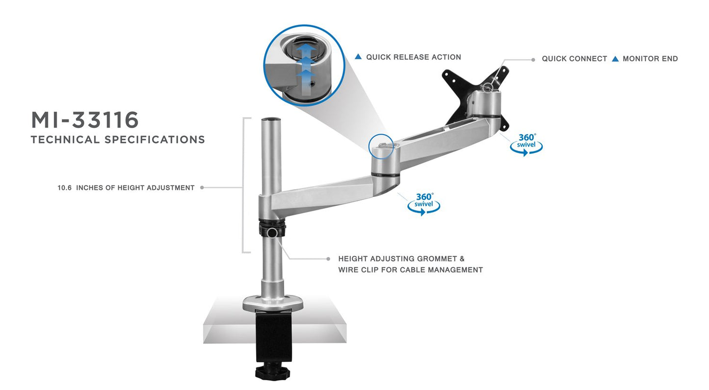 Mount-It! Articulating Single Arm Computer Monitor Desk Mount for 24-Inch Monitors (MI-33116)