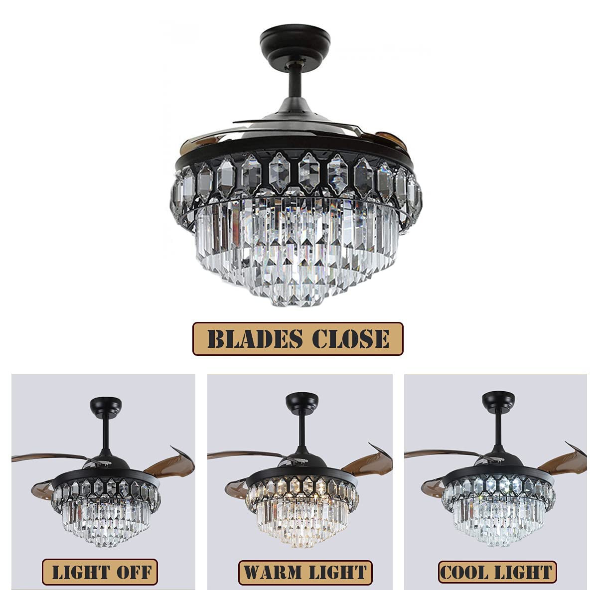 Fandian 42" Modern Crystal Ceiling Fan with Lights Black Retractable Fandelier Remote Control Fixtures, 3 Color Changes Luxury Lighting for Dining