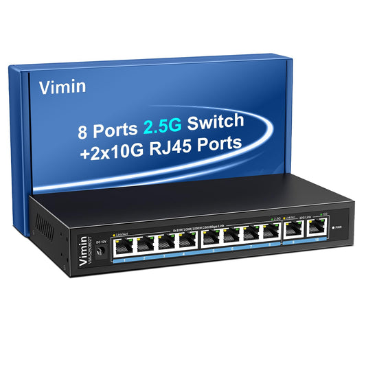10-Port 10G/2.5G Ethernet Switch with Dual 10GBASE-T, Vimin 8X 2.5G +2 x 10Gb RJ45 Ports Unmanaged Switch, 80Gbps Capacity, 10G Switch Desktop/Wall