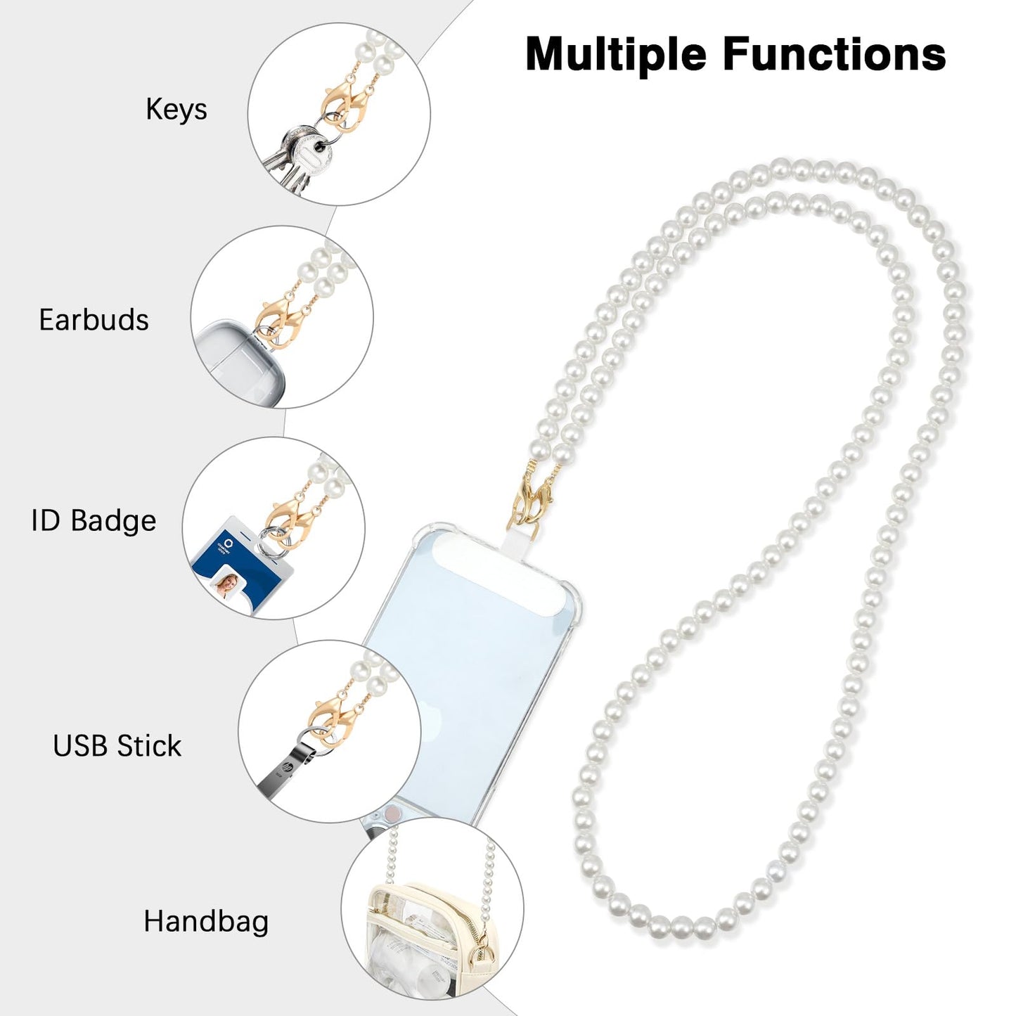 MoKo Pearl Phone Crossbody Chain Lanyard with Wrist Strap and 2 Patches