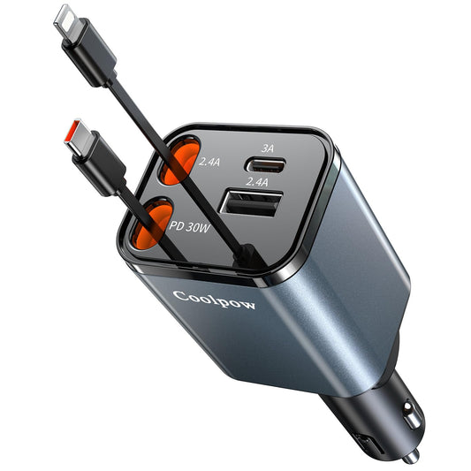 Retractable Car Charger, 4 in 1 USB C Car Charger Fast Charging?Durable Material? 69W Car Phone Charger Adapter with 2 Retractable Cables and USB