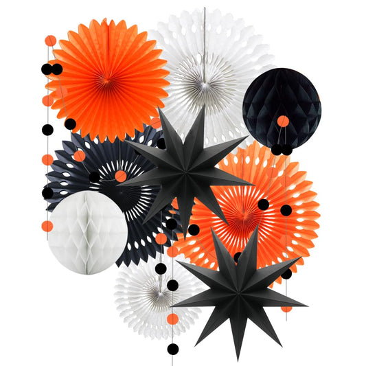 ADLKGG Orange White Black Halloween Decorations, Hanging Tissue Paper Fans Circle Garland Paper Lanterns for Graduation Wedding Anniversary Birthday