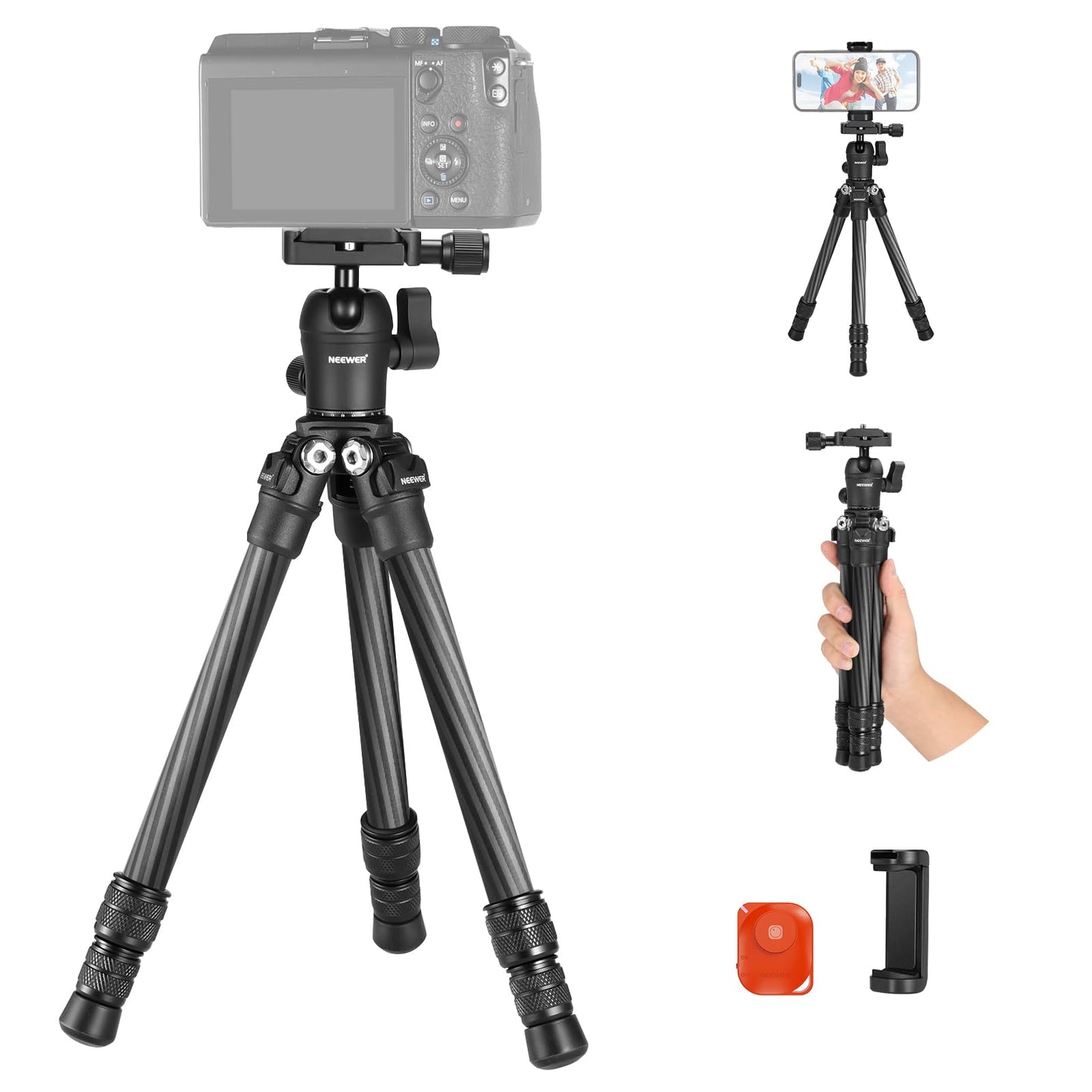 NEEWER TP09 Carbon Fiber Mini Tripod Compatible with iPhone, 20" Lightweight Compact Travel Desktop Tripod Stand with Ball Head, Phone Holder, Remote
