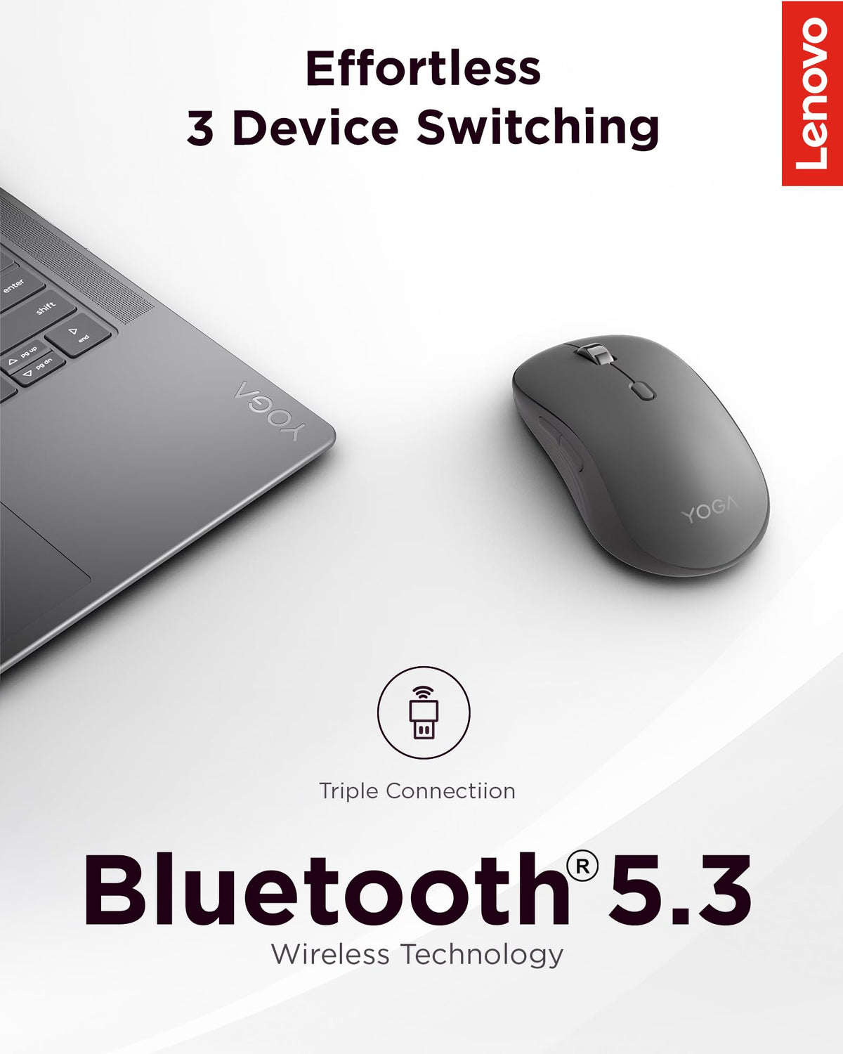 Lenovo Yoga Bluetooth Silent Mouse, 3 Level DPI Adjustment, 36 Month Battery Life, Bluetooth 5.3, 3 Device Paring, Whisper Quiet, Programmable