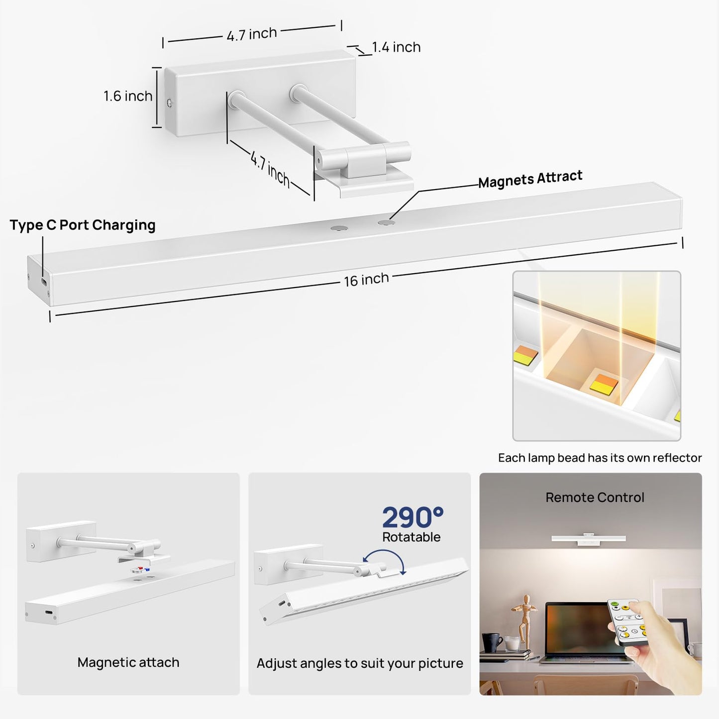 PESUTEN Picture Light Battery Operated, 16in Wireless Art Light for Paintings CCT Dimmable Recharging Battery Picture Light with Remote Control