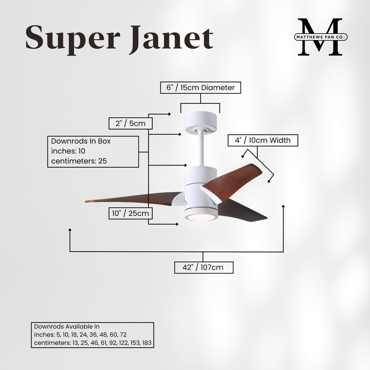 Matthews SJ-WH-WN-42 Super Janet Damp Rated 42" Ceiling Fan with LED Light and Remote & Wall Control, Silent DC Motor, 3 Solid Wood Blades, Gloss