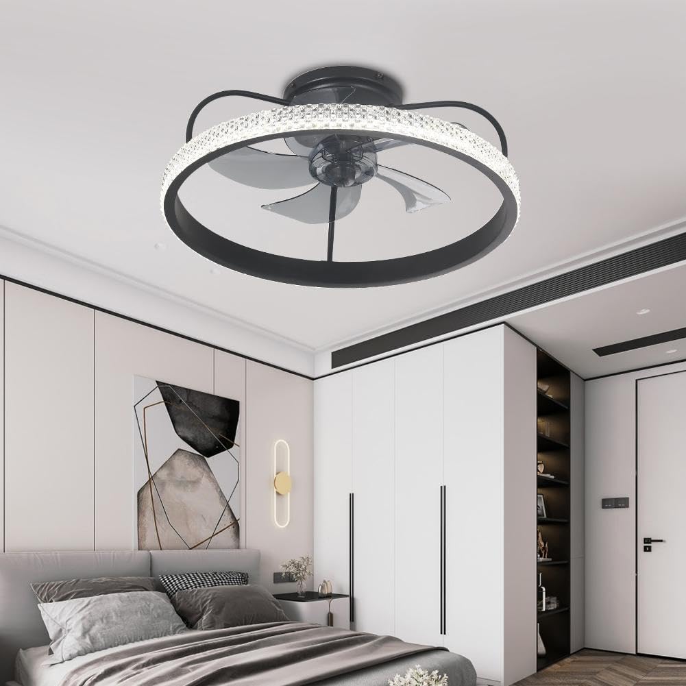 A Million Modern Crystal Flush Mount Ceiling Fan with Light, 20" Low Profile Ceiling Fan Bladeless Remote Control, 3 LED Light and 6 Speed Change