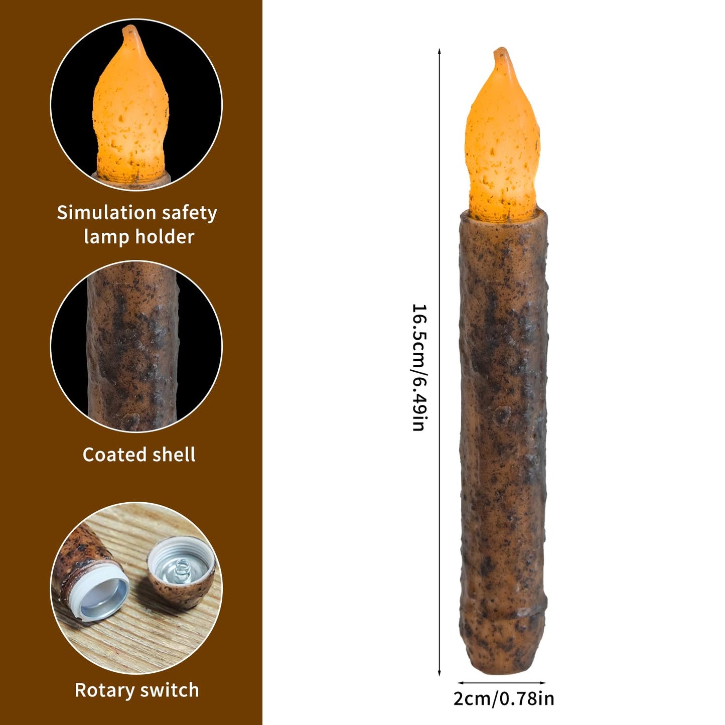Aulaygo 6.5'' Real Wax Taper Primitive Candles Battery Operated 6 Packs Electric Flickering Flameless Candle for Country Room Dining Table Window