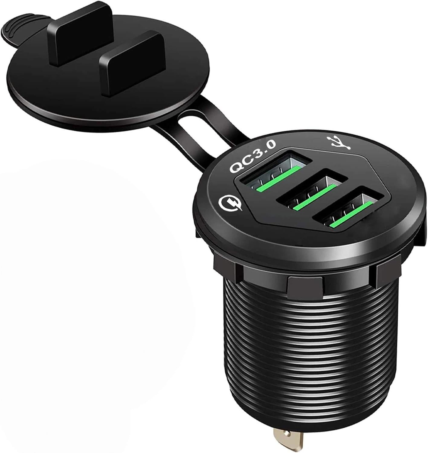 Triple Port QC3.0 Car Charger Socket, 12V/24V 36W USB Charger with 3 Fast Charging Ports, IP66 Waterproof Aluminum Socket Mount for Car Boat RV Marine