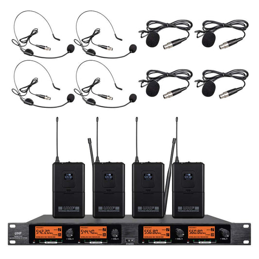 Frequency B Wireless Microphone System 4 Channel 4 Lavalier 4 Bodypacks 4 Lapel Mic 4 Headsets UHF for Karaoke System Church Speaking Conference