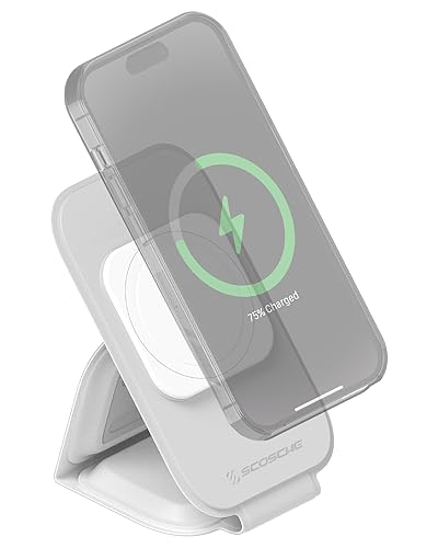 Scosche MSQFG2N1WT MagicMount Travel 2-in-1 Magnetic Dual Wireless Charging Station, Fast Charger Stand w/Foldable Flat Pad, Compatible with MagSafe