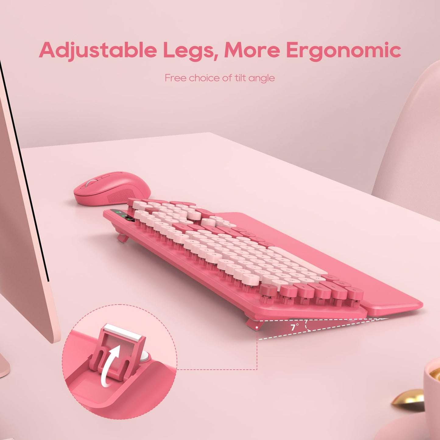 Wireless Keyboard and Mouse Combo, Cute Hot Pink Full-Size Retro Typewriter Keyboard with Round Keycaps, Magnetic Wrist Rest, Tilt Legs, 2.4GHz