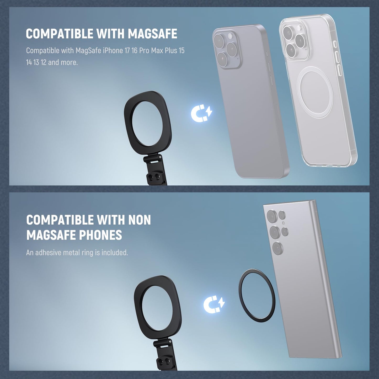 NEEWER Magnetic Phone Tripod Mount Compatible with MagSafe iPhone 17, Cell Phone Holder with Arca Quick Release Baseplate & Cold Shoes for TikTok