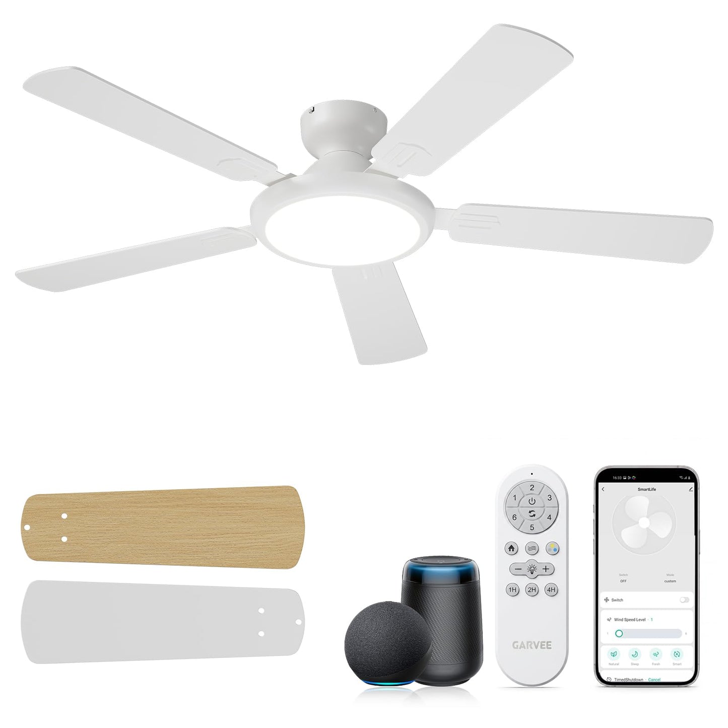 Garvee 52" White Ceiling Fan with Extra-Large Light & Remote, Alexa, WiFi