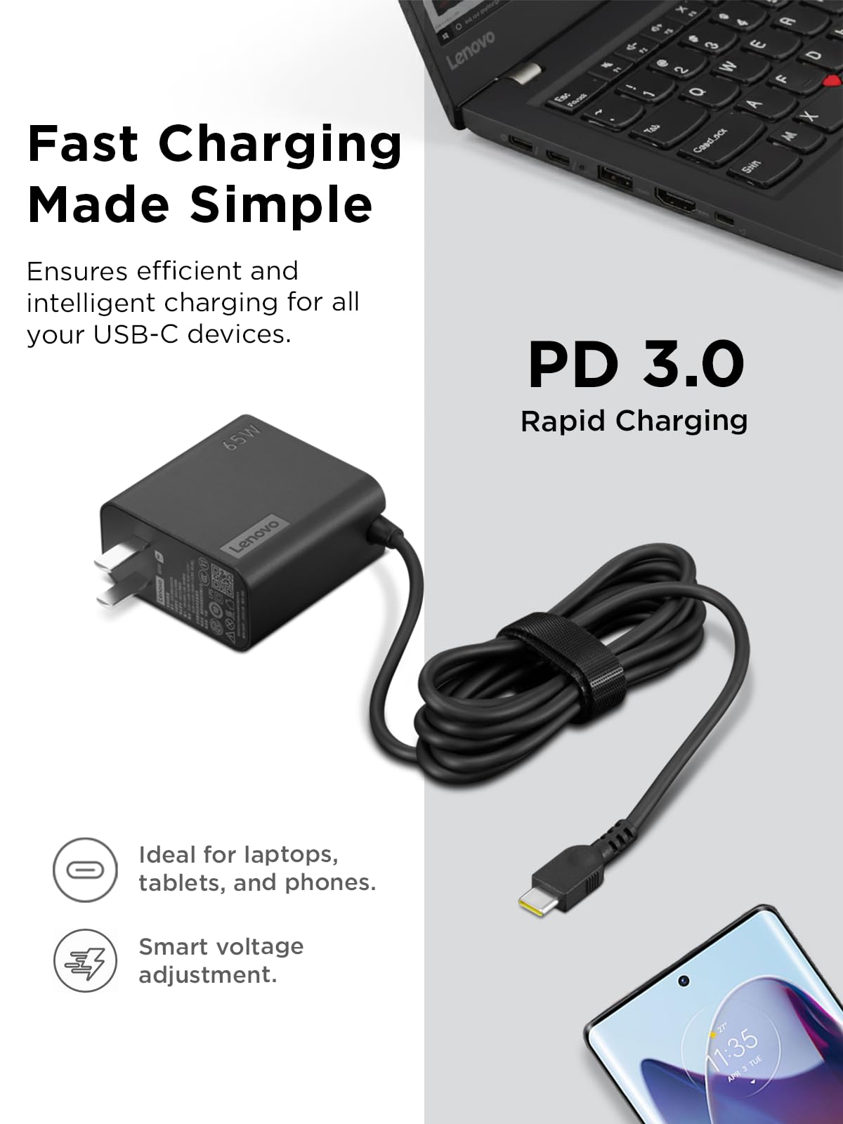 Lenovo USB-C 65W Wall Charger - PD 3.0 - Power Adapter for Laptop, Tablet, Notebook, USB-C Compatible Devices - Slim, Light and Portable with 6.5 Foot