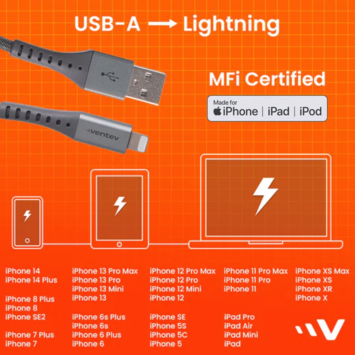 Ventev ChargeSync Alloy Apple Lightning Cable | Universally Compatible with iPhone Devices, Fast Charging, Tangle-Resistant Cord, Mfi Certified…