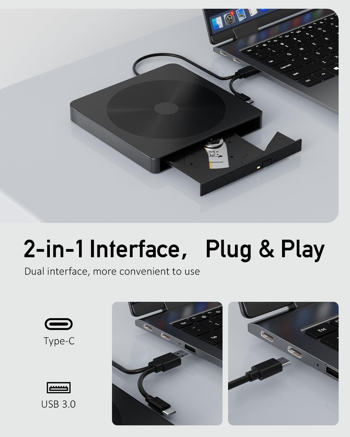 Alphami External CD/DVD Drive for Laptop - USB 3.0 & Type-C Portable DVD/CD Burner, Plug & Play Disc Reader, Slim Optical Drive Compatible