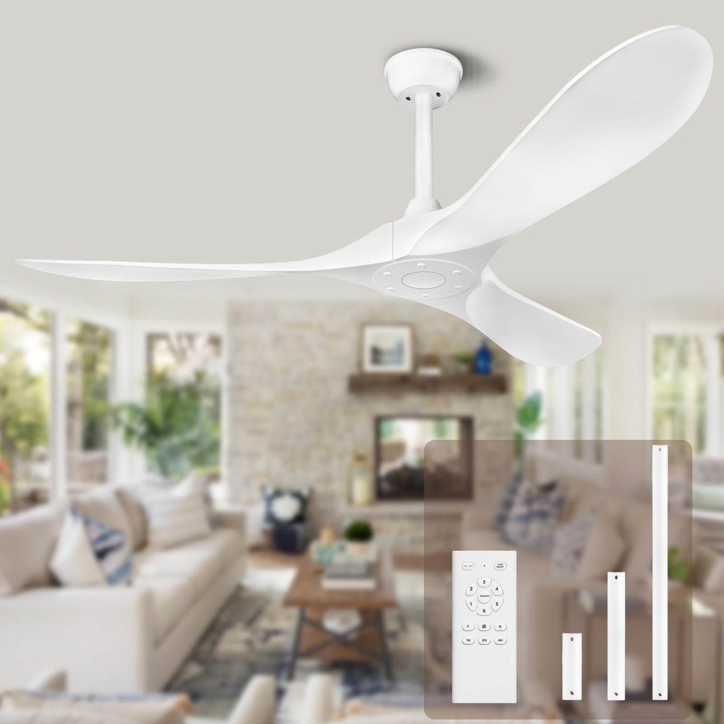 KASASS Ceiling Fan No Light with Remote Control 52inch Outdoor Ceiling Fan without Lights Indoor, 3 Blades Reversible DC Motor Modern Ceiling Fans