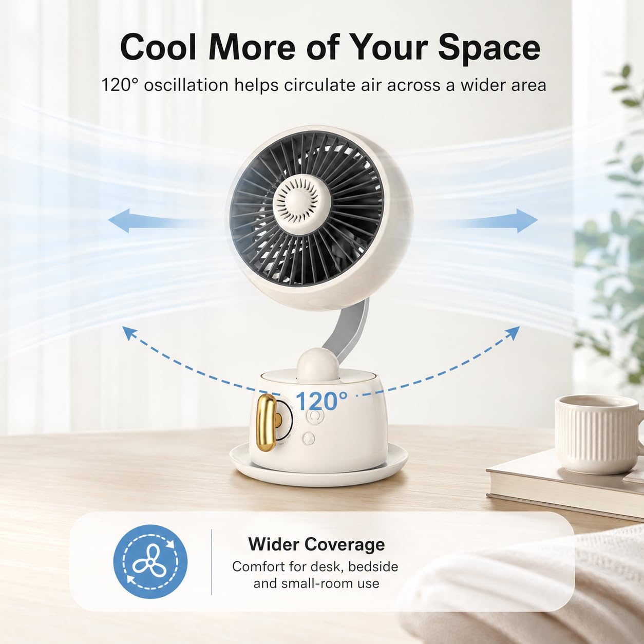 Dametol Cordless Desk Fan with 120° Oscillation, Quiet Rechargeable Table Fan with Stepless Speed Control, Magnetic Aromatherapy, Night Light & USB-C