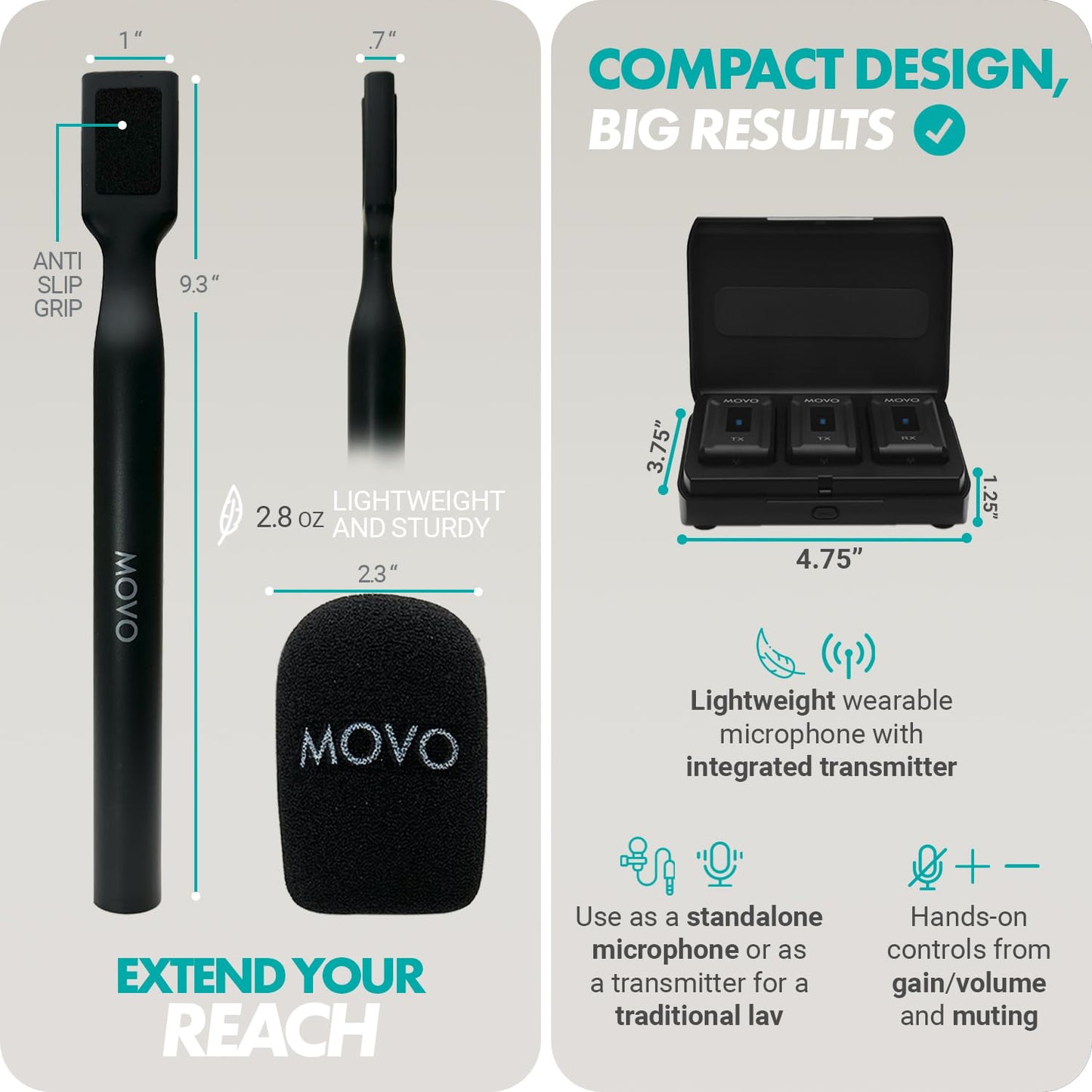 Movo WMX-2-DUO Dual Microphone Compact Wireless System with Handheld Extension Mounts - Mini Wireless Lavalier Microphones for Cameras with Mic