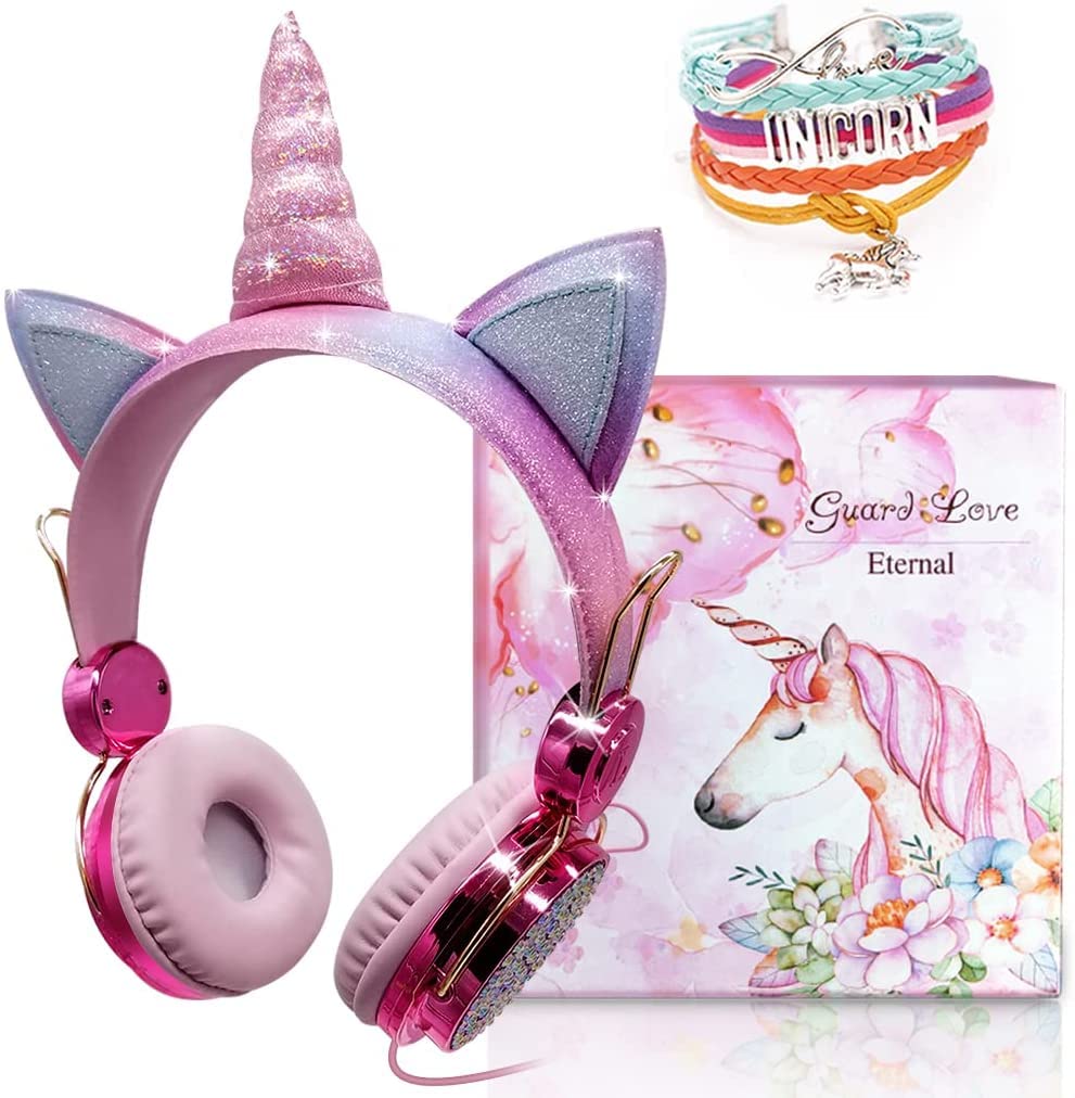 TCJJ Unicorn Kids Headphones for Girls Children Teens, Wired Headphones for Kids with Adjustable Headband, 3.5mm Jack and Over On Ear Headset w/Mic