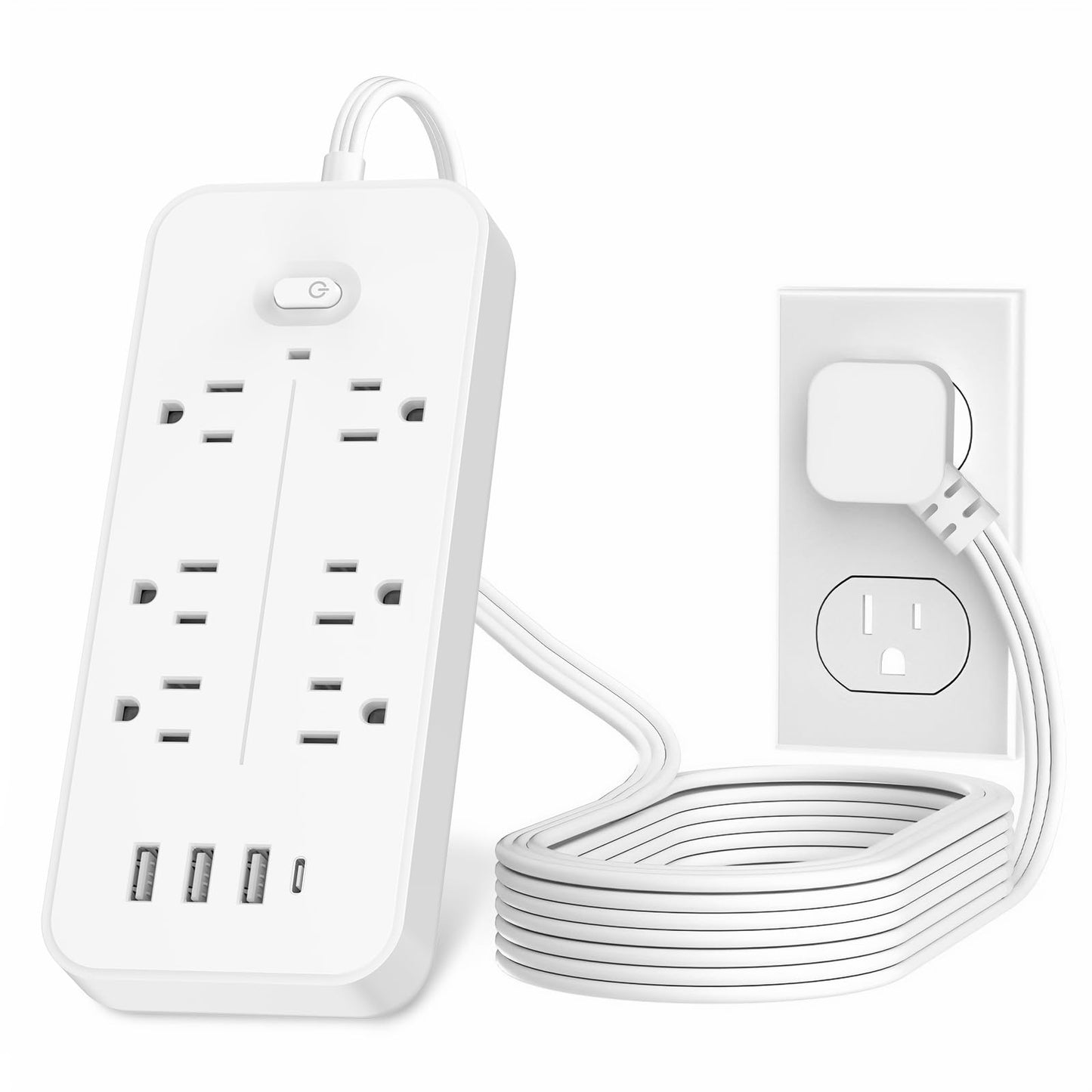 Power Bars with Surge Protector, Flat Plug Exetnsion Cord, Power Strip Outlet Extender with 6 Outlets and 4 USB Ports(1 USB C), Wall Mount for Home