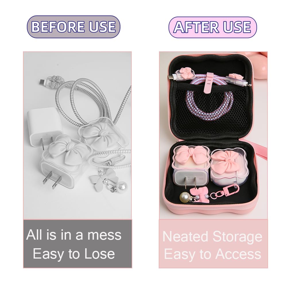 QLD COVER Charger Cover Storage Bag, Cute 3D Bow Tie Waves Design Charger Protector Travel Storage Case, Earphone Wire Saver Cable Cord Organizer