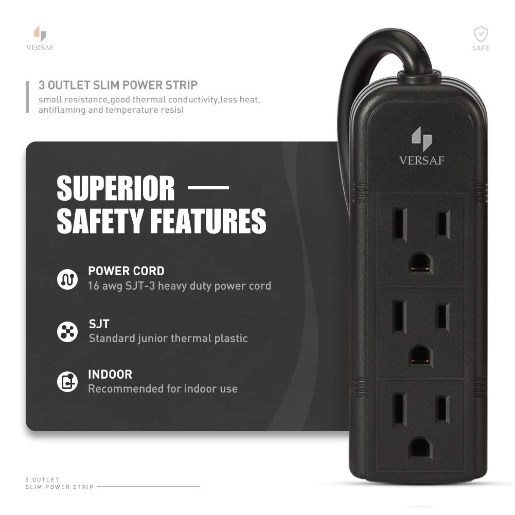 Power Strip 3 Prong Outlet - Slim Black 3 Grounded Outlets Heavy Duty Extension Power Cord Power Strip No Surge Protector with Wall Mount Hole Ideal