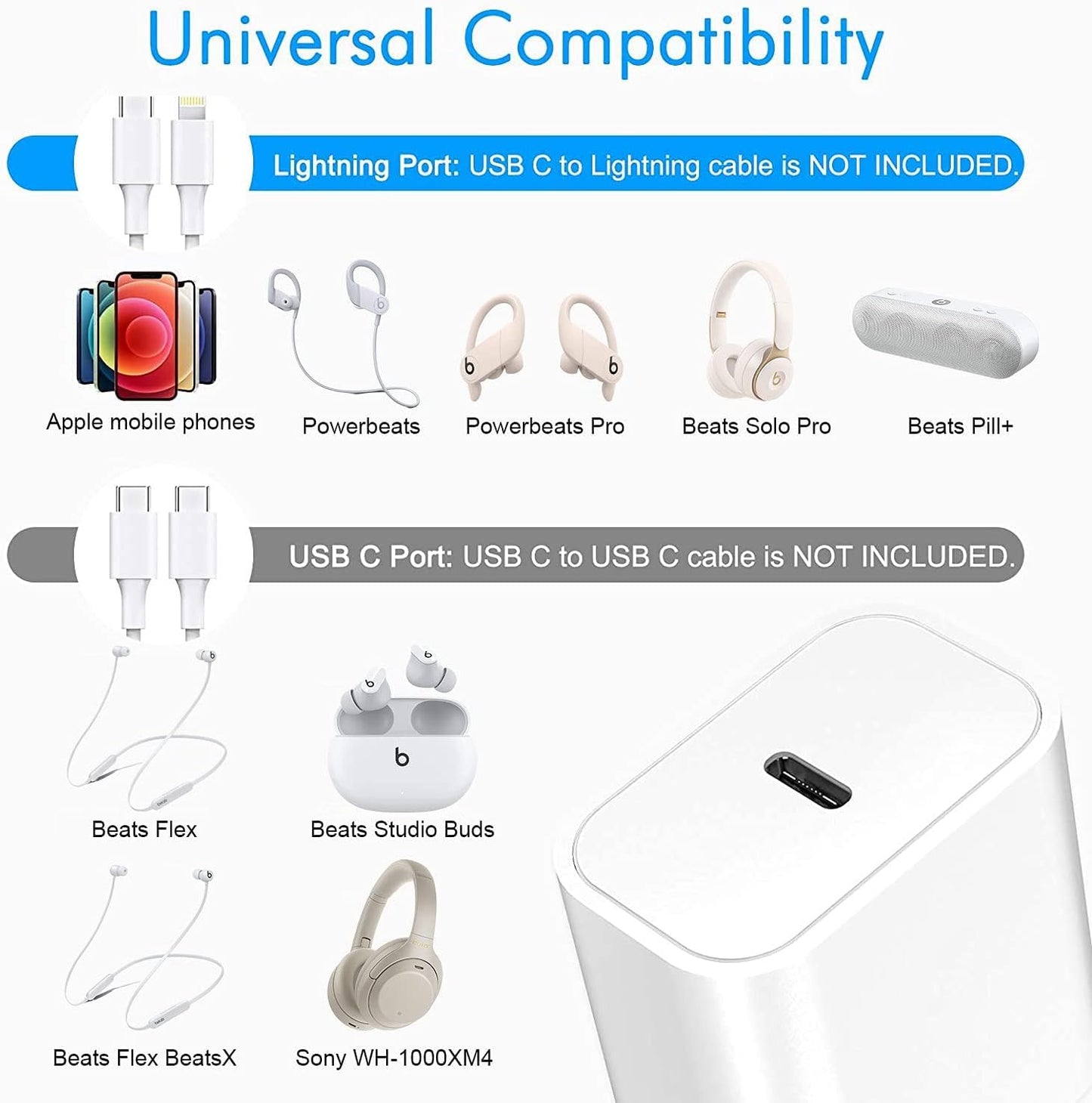 Beats USB-C Power Adapter for Solo 4, Pill 2024, Powerbeats, Studio Buds, Flex, Fit Pro - New Beats Accessories Type C Wall Charger