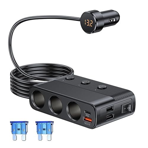 EVKIFEY 127W Cigarette Lighter Splitter Adapter 3 Socket 12V/24V Car Charger USB QC 3.0 /PD Dual USB Ports,LED Voltage Display, Independent