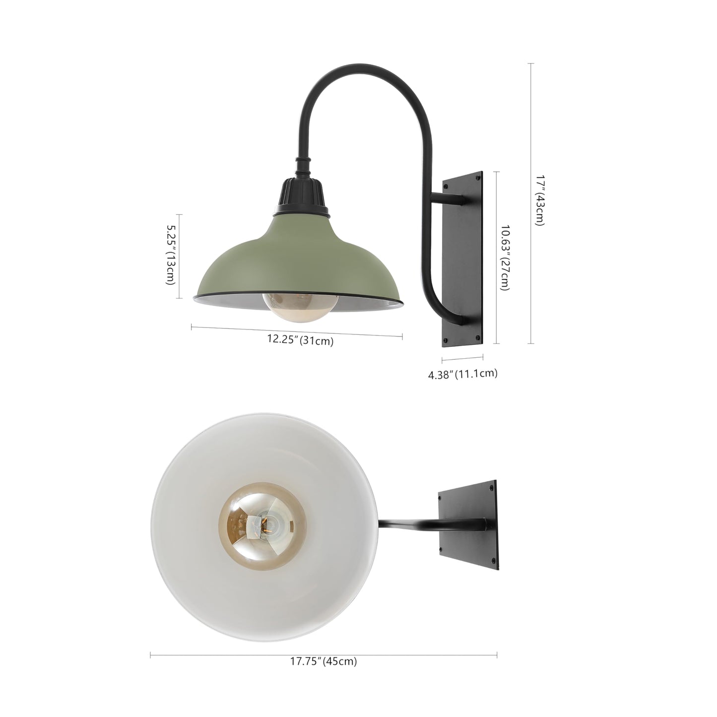 JONATHAN Y 12.25" Matte Olive Green/Black 1-Light Farmhouse Gooseneck Outdoor Wall Sconce Lamp, with Black Metal Bowl Shade, Industrial Iron LED Porch