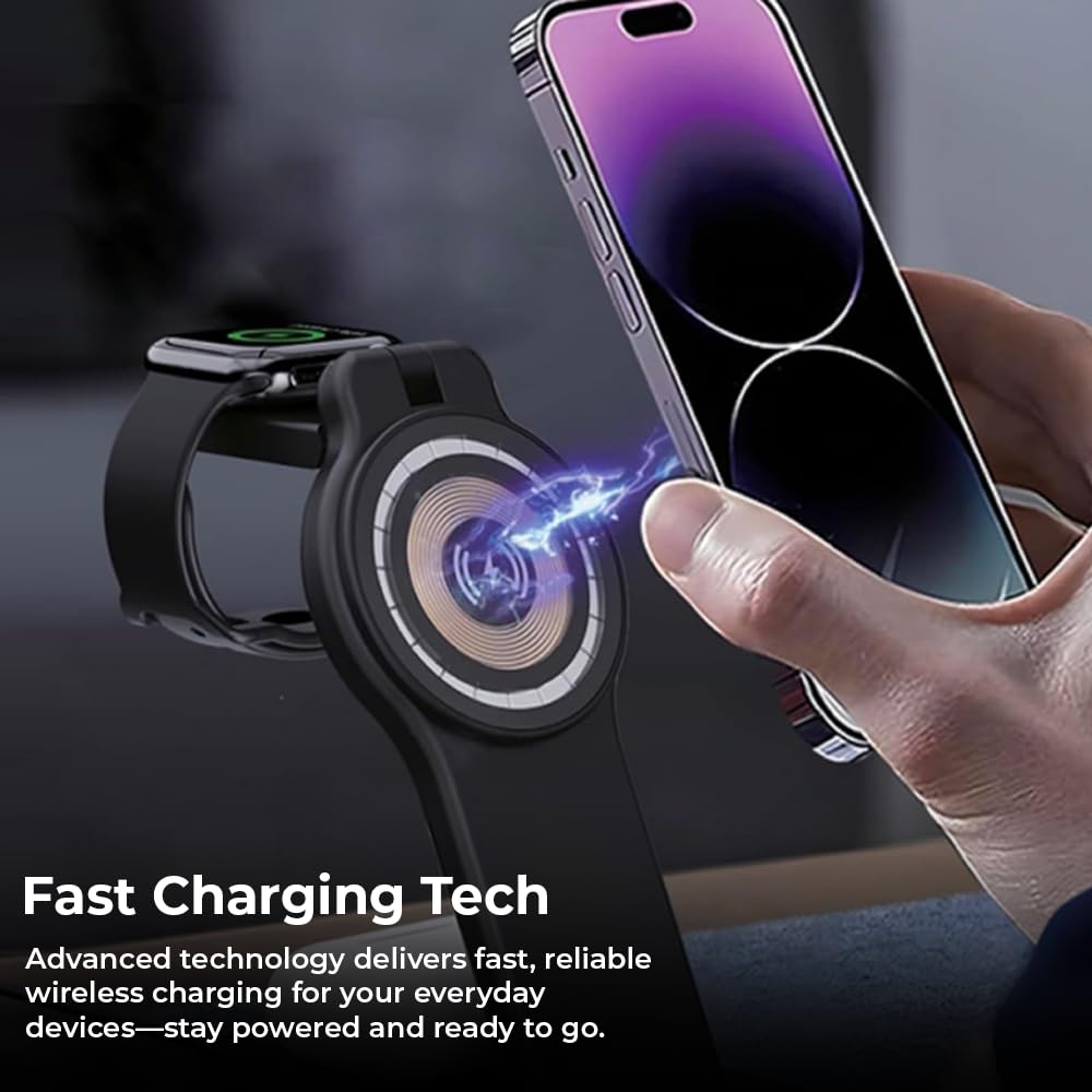 OTM Essentials 3-in-1 Wireless Charger, Fast Charging Station for iPhone, Smartwatch, and Wireless Earbuds, Portable Power Bank, Sleek, Space-Saving