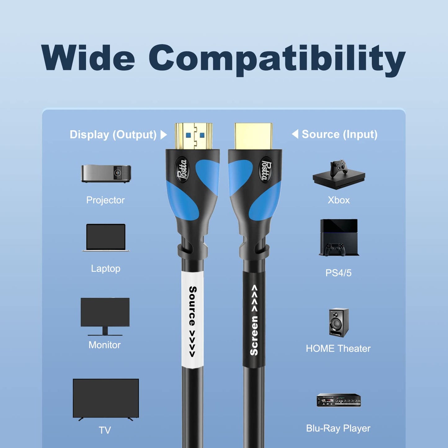 Postta HDMI Cable 75 Feet 4K HDMI2.0 Cable with Built-in Signal Booster Support 4K(2160P),3D,1080P,Ethernet,Audio Return(ARC)-(Black-Pale Blue)