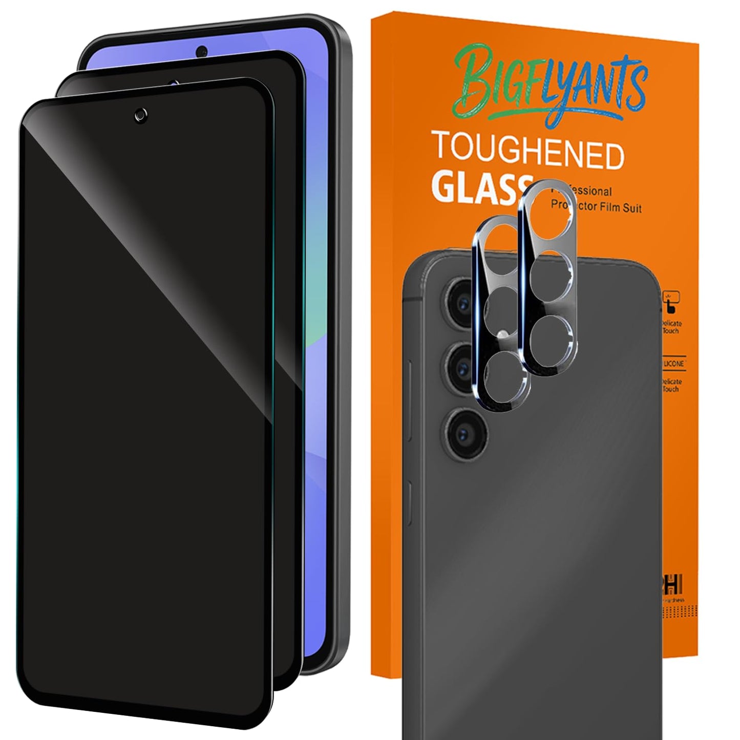 BIGFLYANTS 2 Pack Privacy Screen Protector for Samsung Galaxy A36 5G with 2 Pack Camera Lens Protector, Anti-Spy Tempered Glass Film, Full Coverage