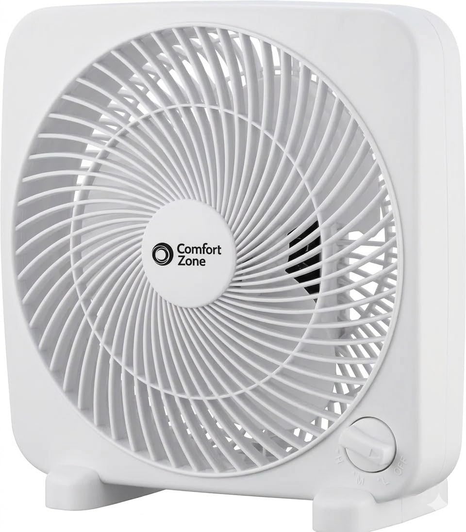 Comfort Zone Box Fan, 9 inch Portable Desk fan, Quiet 3 Speed Mini Fan for Bedroom, Electric Bedside Table Fan, White