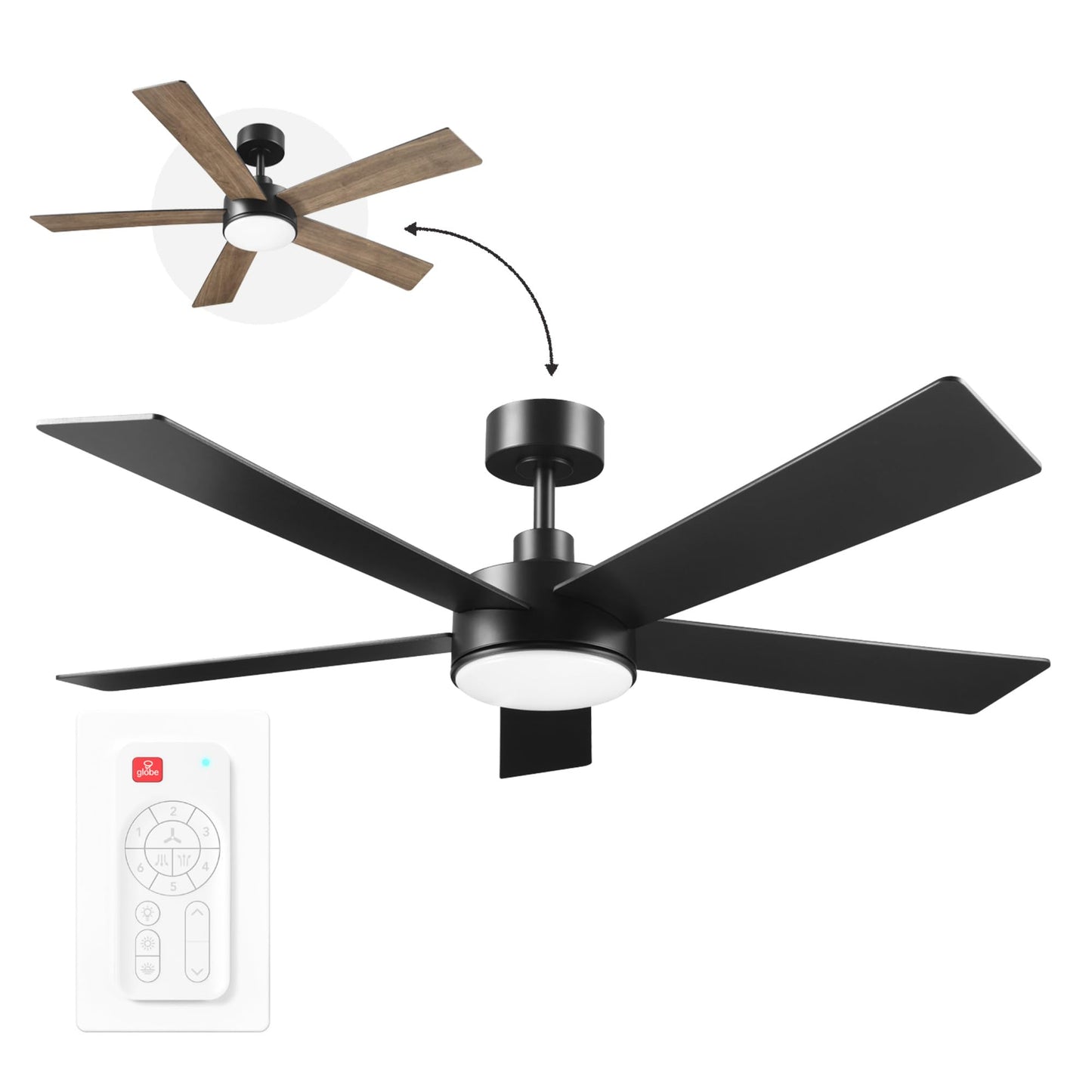 Globe Electric Veloria 52 in. Ceiling Fan with LED Light, Remote Control, WhisperQuiet DC Motor, 6 Speeds, Matte Black, Reversible Blades