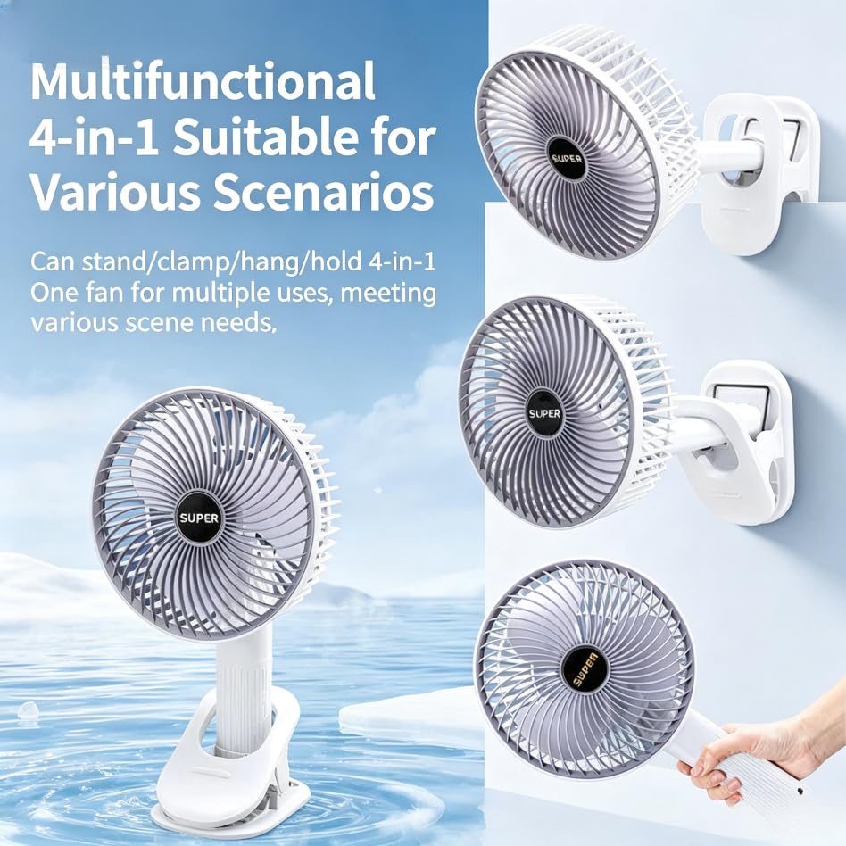 rohxizw 2026 New Rechargeable Usb Desk Fan, 4 In 1 8000mAh Battery Powered, Table Fan, Handheld Fan, Clip Fan, Hang Fan for Bedroom Office Desk
