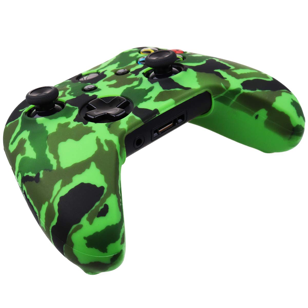 YoRHa Water Transfer Printing Camouflage Silicone Cover Skin Case for Microsoft Xbox One X & Xbox One S Controller x 1(Green) with PRO Thumb Grips x 8