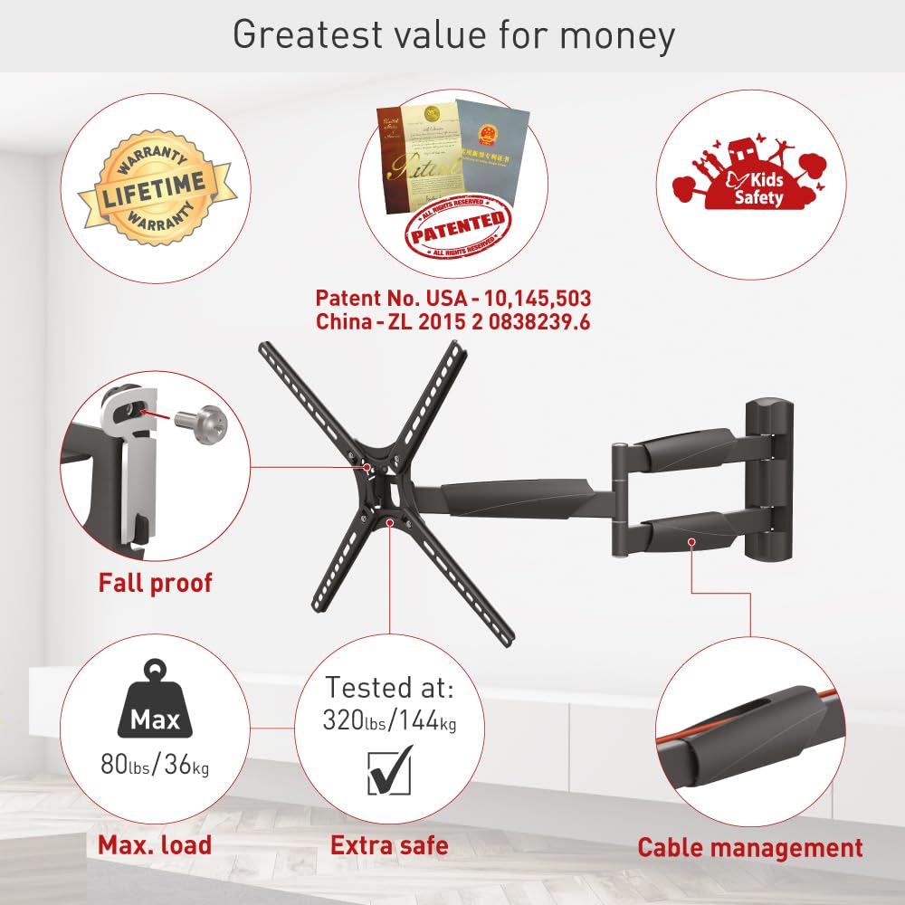 Barkan 30'' Long TV Wall Mount, 13-65 inch Full Motion Articulating - 4 Movement Flat/Curved Screen Bracket, Holds up to 80lbs, Extremely Extendable