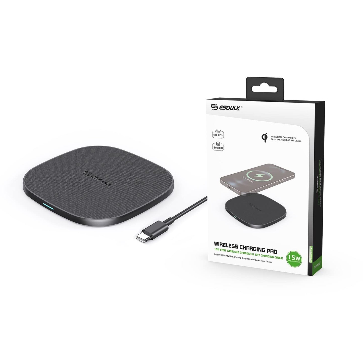 Esoulk Black 15W QI Wireless Charger & 5FT Type-C Charging Cable Slim & Compact - Fast Charger - Charging Plug/Brick not Included - Compatible