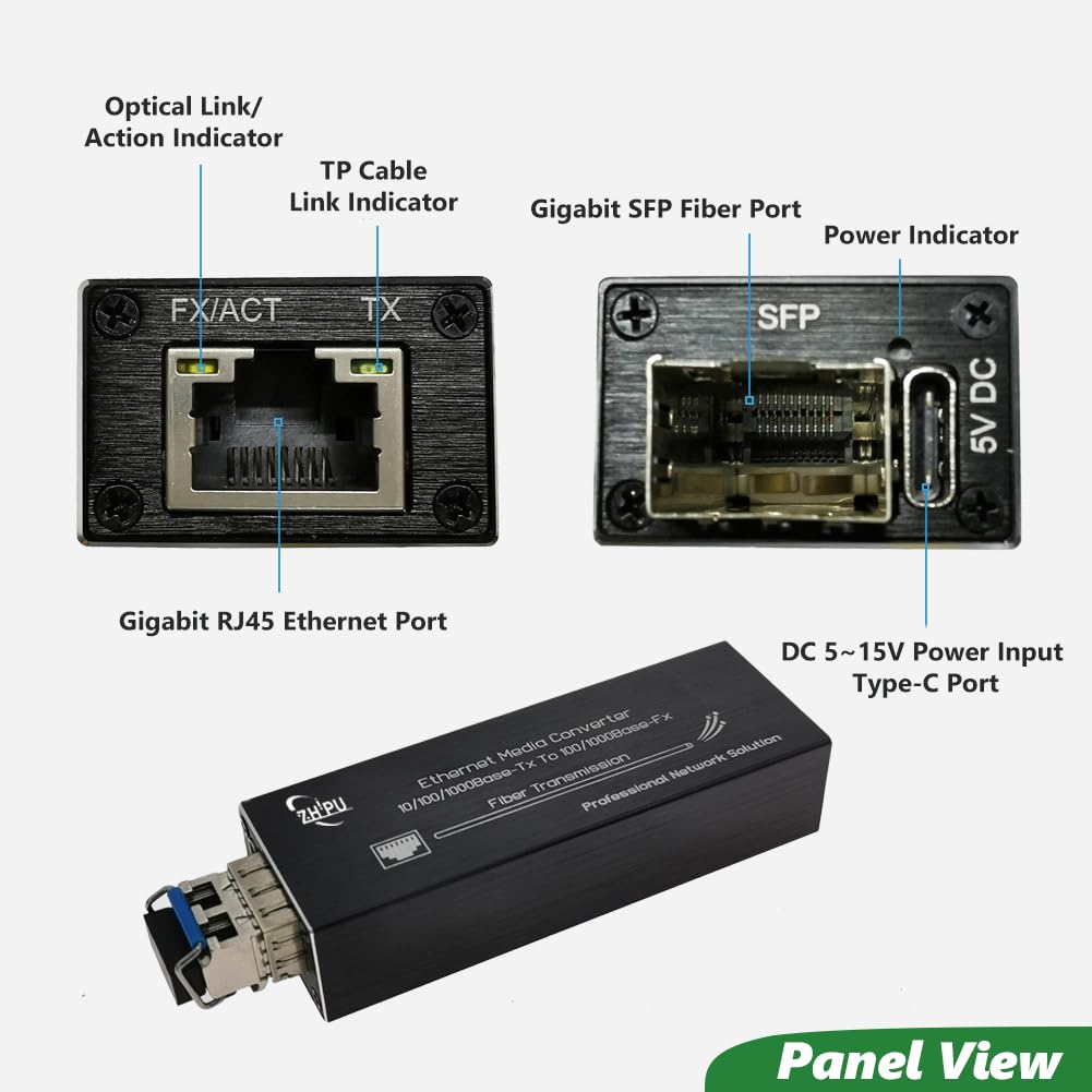 Yjntoximc Mini Gigabit Fiber Media Converter with 1310nm SM Dual Fiber 20km SFP Module, 10/100/1000Mbps Ethernet to SFP Transceiver, USB C 5V Powered