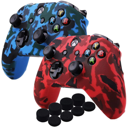YoRHa Water Transfer Printing Camouflage Silicone Cover Skin Case for Microsoft Xbox One X & Xbox One S Controller x 2(red&Blue) with PRO Thumb Grips