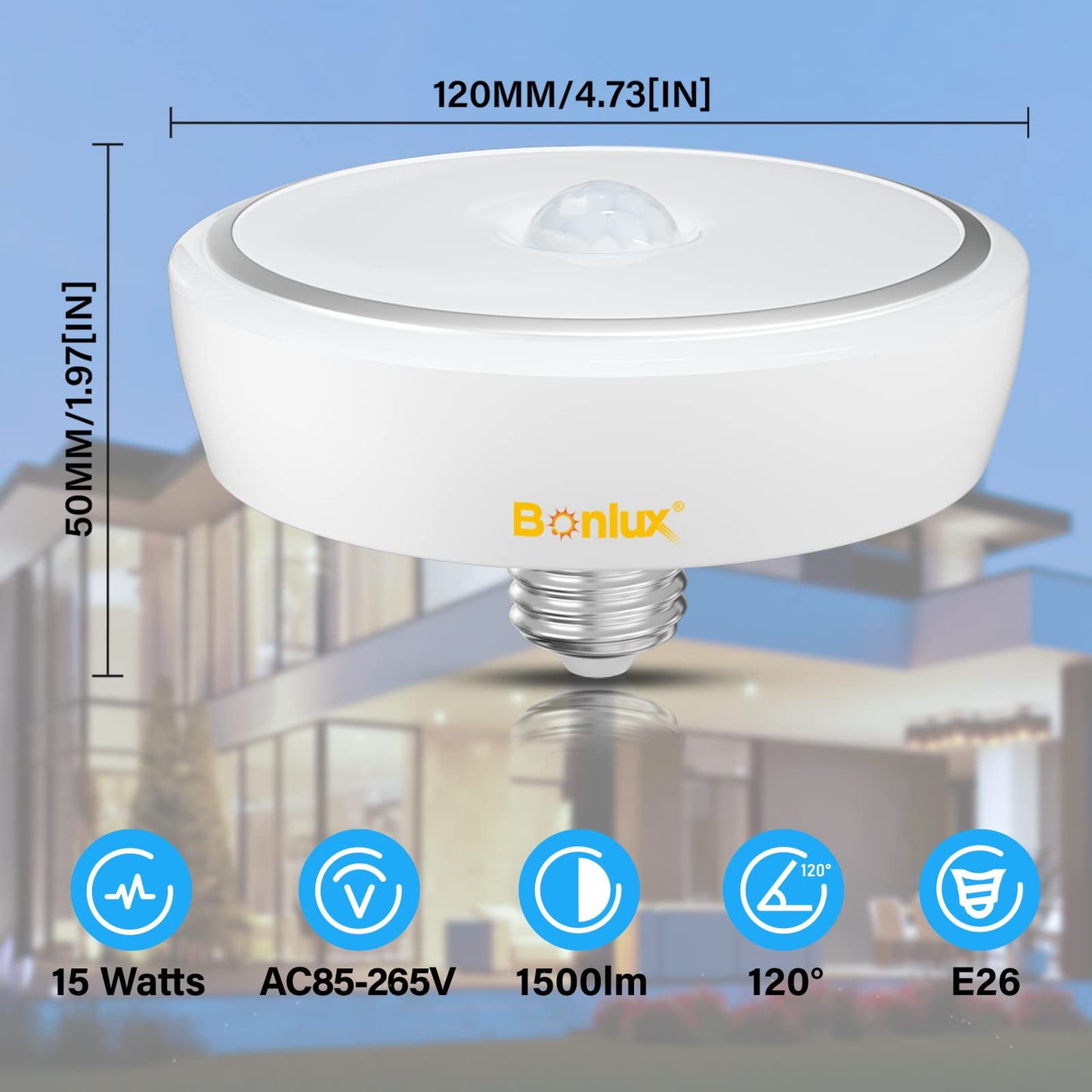 Bonlux Motion Sensor LED Ceiling Light Bulbs E26 Medium Base, 15W PIR UFO Motion Activated Night Light 150W Equivalent Auto On/Off for Hallway Stairs