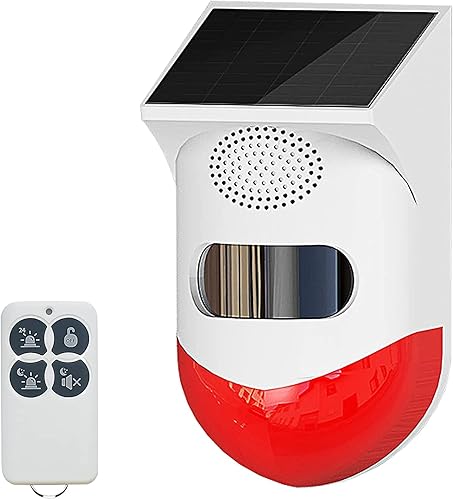 Solar Strobe Alarm Light with Motion Sensor Siren Outdoor Alarm Siren with Remote Controller 120db Sound Security Siren Light IP67 Waterproof and 4