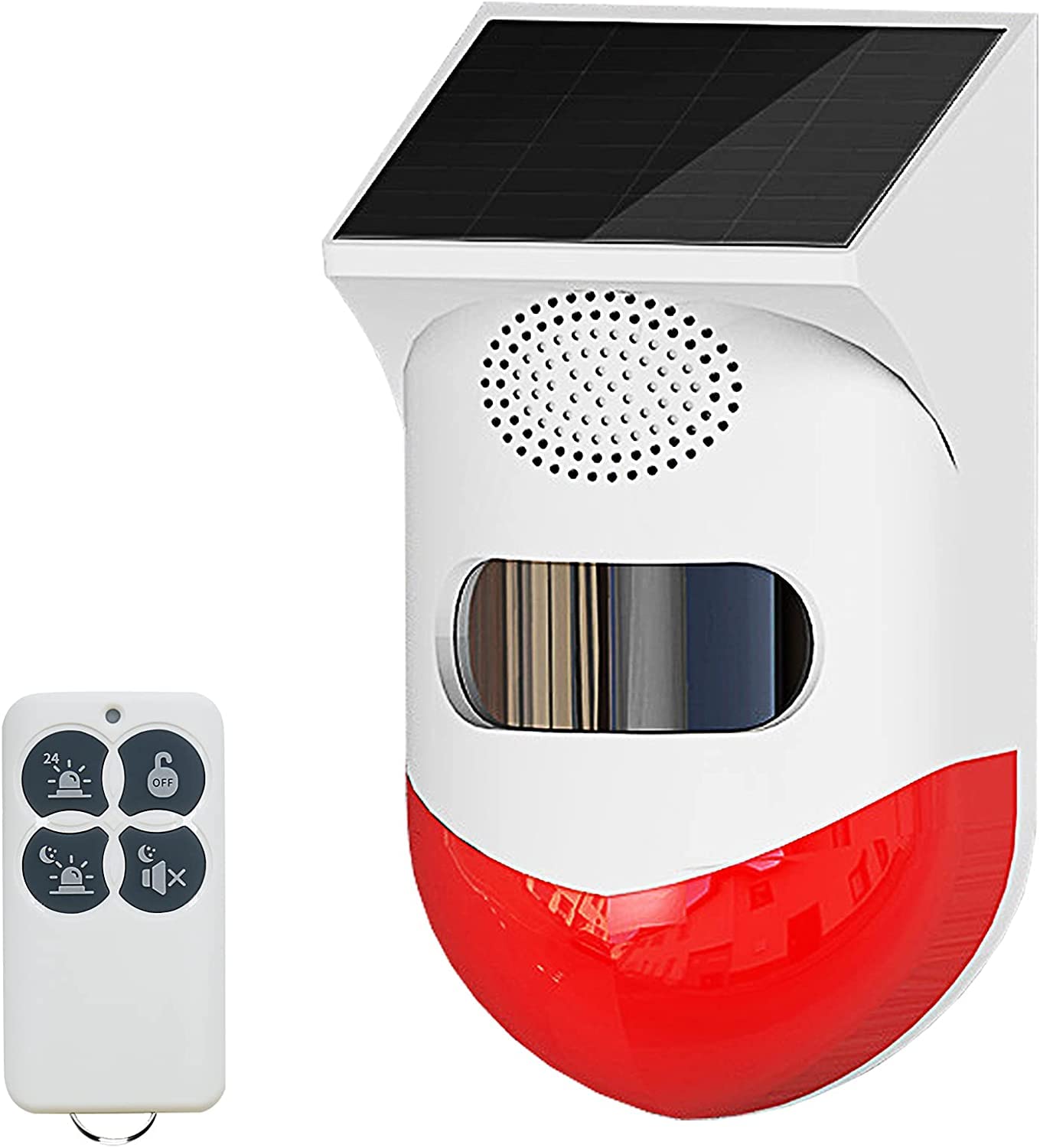 Solar Strobe Alarm Light with Motion Sensor Siren Outdoor Alarm Siren with Remote Controller 120db Sound Security Siren Light IP67 Waterproof and 4