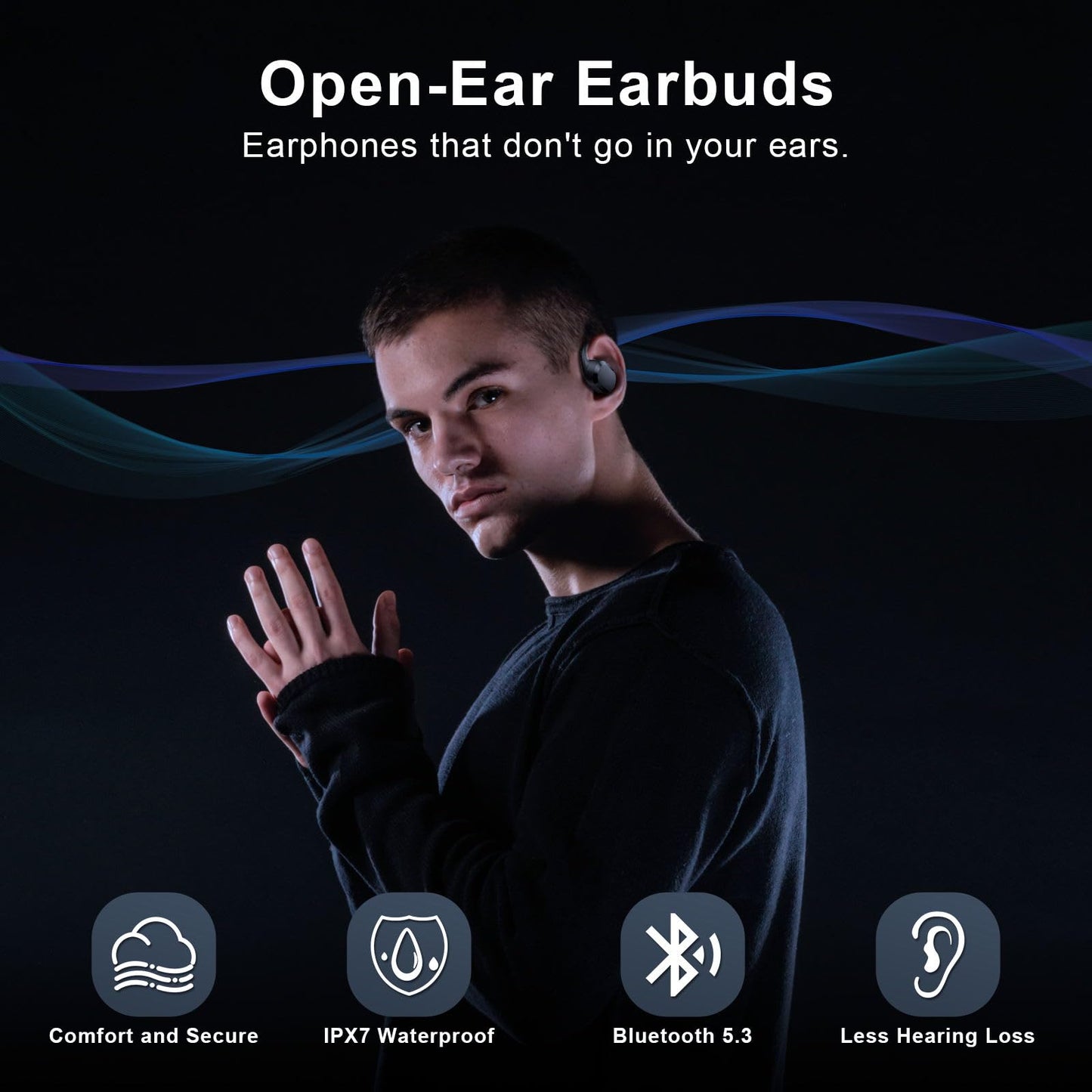 Open Ear Headphones, Open Ear Earbuds, IPX7 Waterproof, Bluetooth 5.3 True Wireless Sports Over Ear Earbuds with Earhooks, Built-in Mic, Crystal-Clear