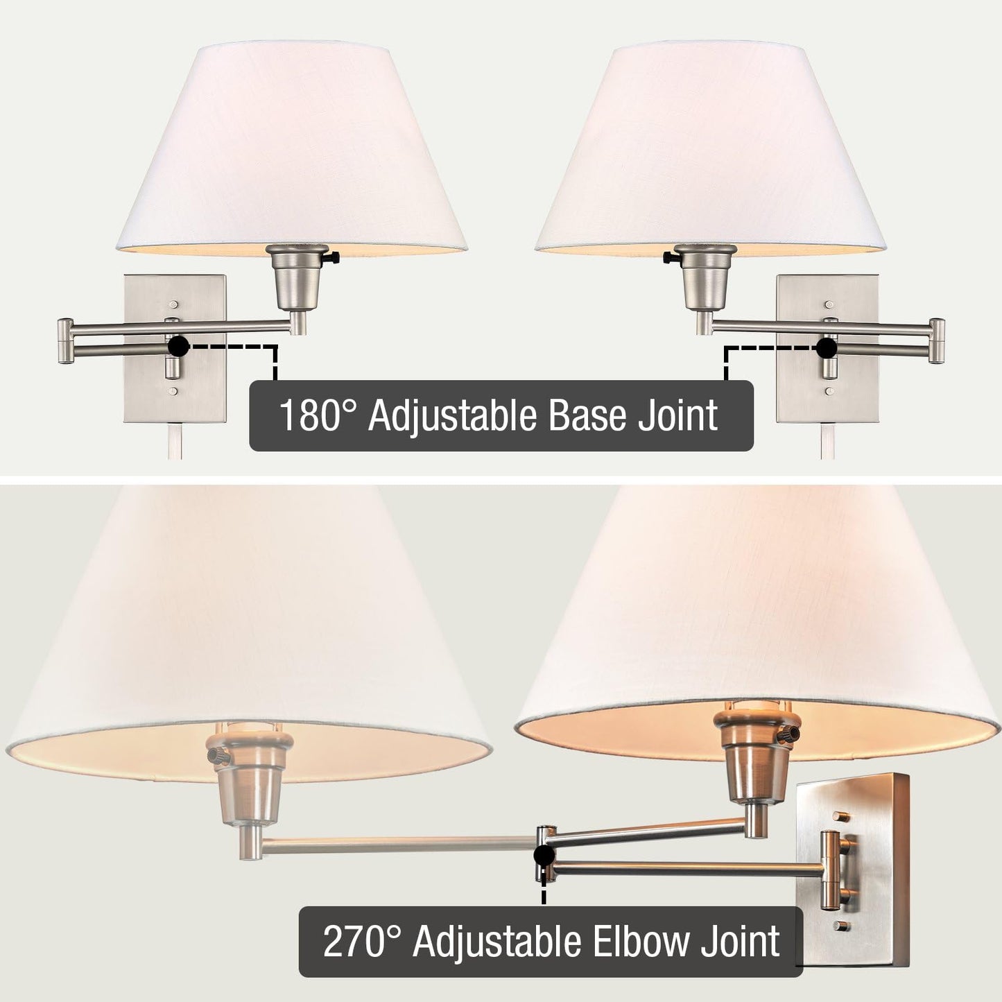 Kira Home Cambridge 15" Modern Swing Arm Wall Sconce with White Empire Fabric Shade, 2-in-1 Plug in or Hardwired Wall Lamp with 3-Way Switch, Satin