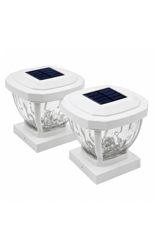 Home Zone Security Solar Post Cap Lights - Decorative Glass LED Outdoor 4x4 (3.5 x 3.5 in.) Post Lights, White (2-Pack)